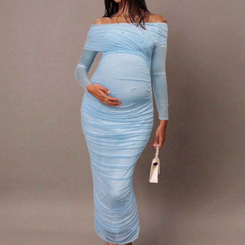 Blue Elegant Maternity Open Shoulder Ruched Slim Fit Maxi Dress